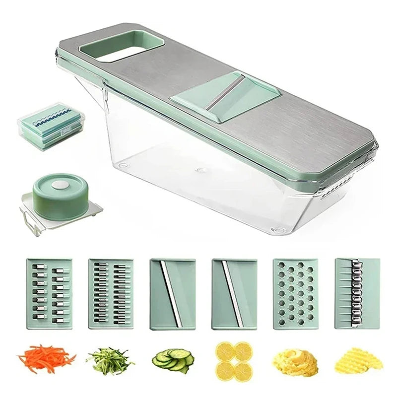 Multifunctional kitchen slicer with various attachments and sample cuts on a white background