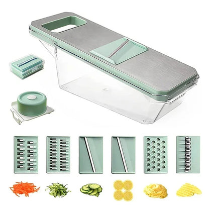 Multifunctional kitchen slicer with various attachments and sample cuts on a white background
