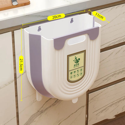 Wall-mounted trash can with dimensions labeled on a tiled wall background