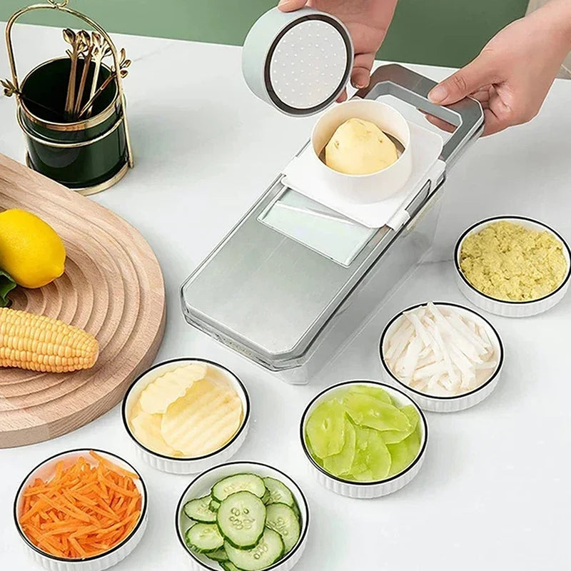 Vegetable peeler with sliced vegetables on a white surface