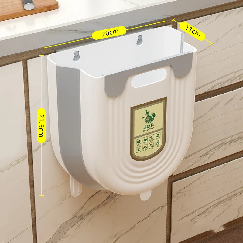 Wall-mounted trash bin with dimensions labeled on a tiled wall.