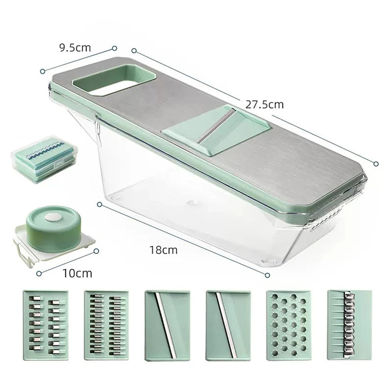Veggie chopper with measurements and attachments on a white background