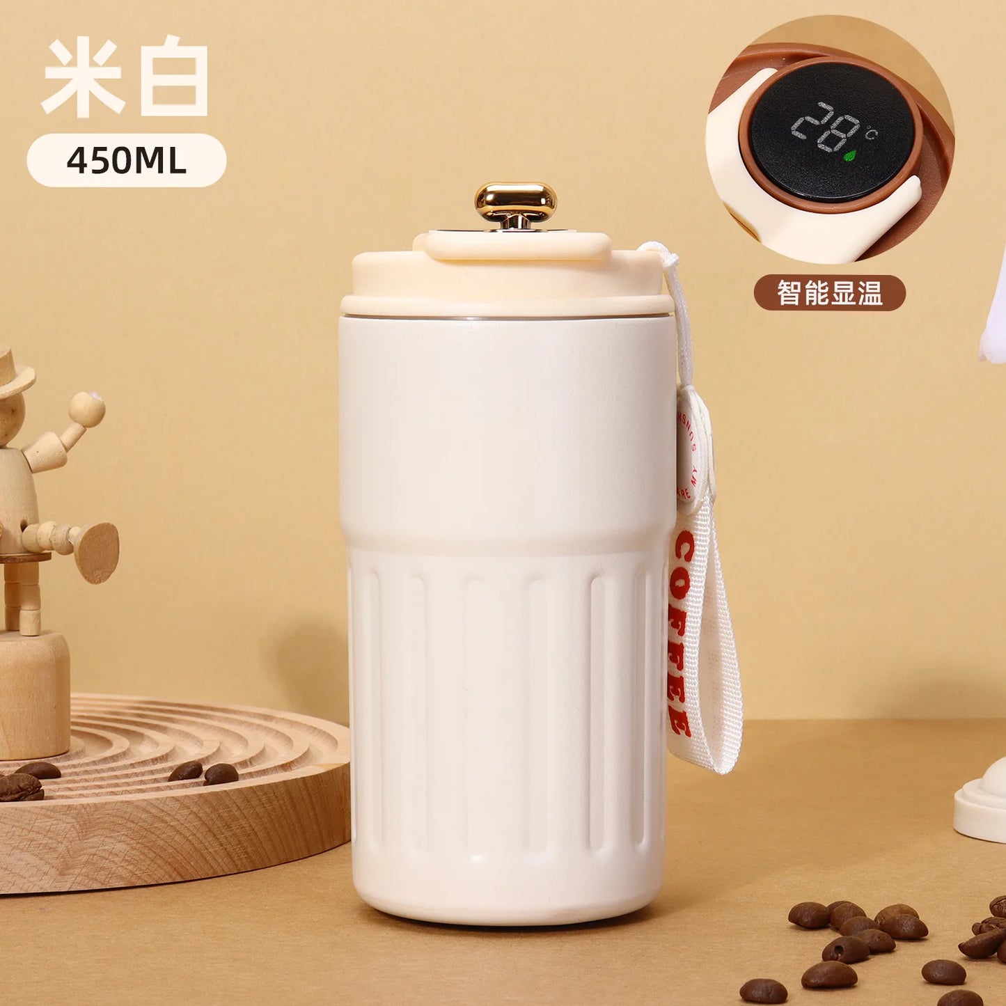 White ceramic mug with handle and digital thermometer on a beige background