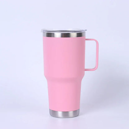 Pink travel mug with a handle on a white background