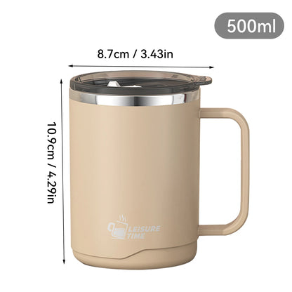 Beige insulated mug with measurements and brand logo on a white background