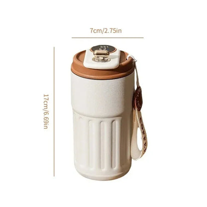White ceramic mug with brown lid and handle, featuring measurements on a white background
