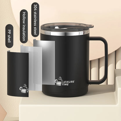 Black insulated mug with handle and 'Leisure Time' branding on a beige background