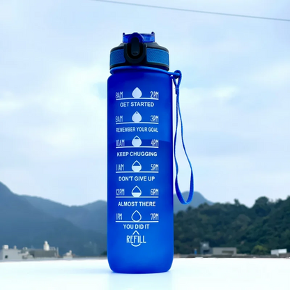 Blue motivational water bottle with scenic background