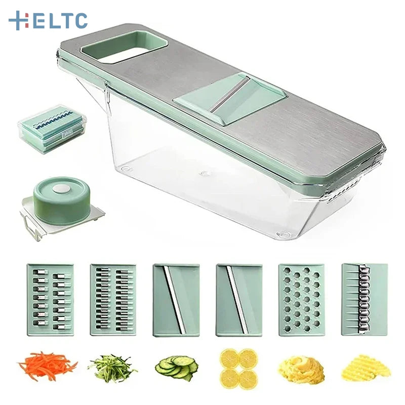 Multifunctional kitchen slicer with interchangeable blades and food samples on a white background