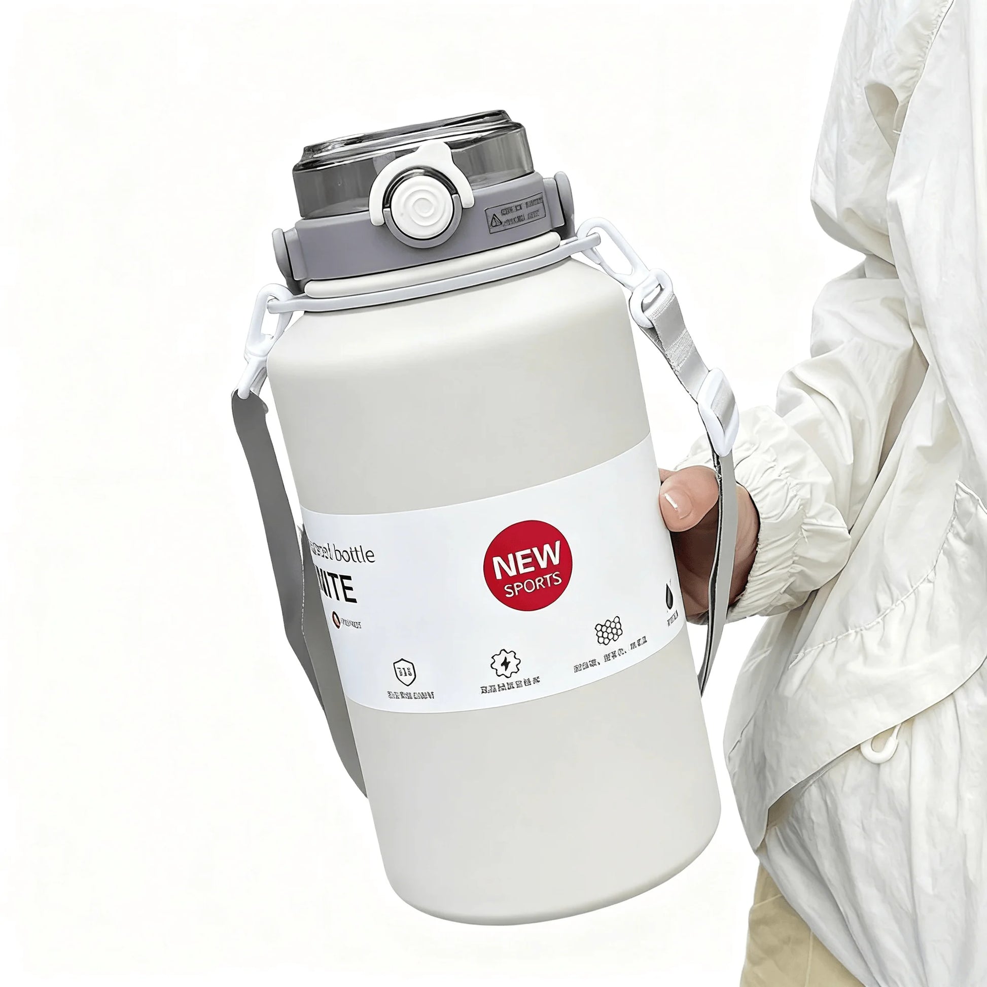 Person holding a white sports bottle with a gray cap on a white background