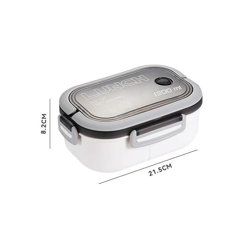 White lunch box with black lid on a white background, showing dimensions.