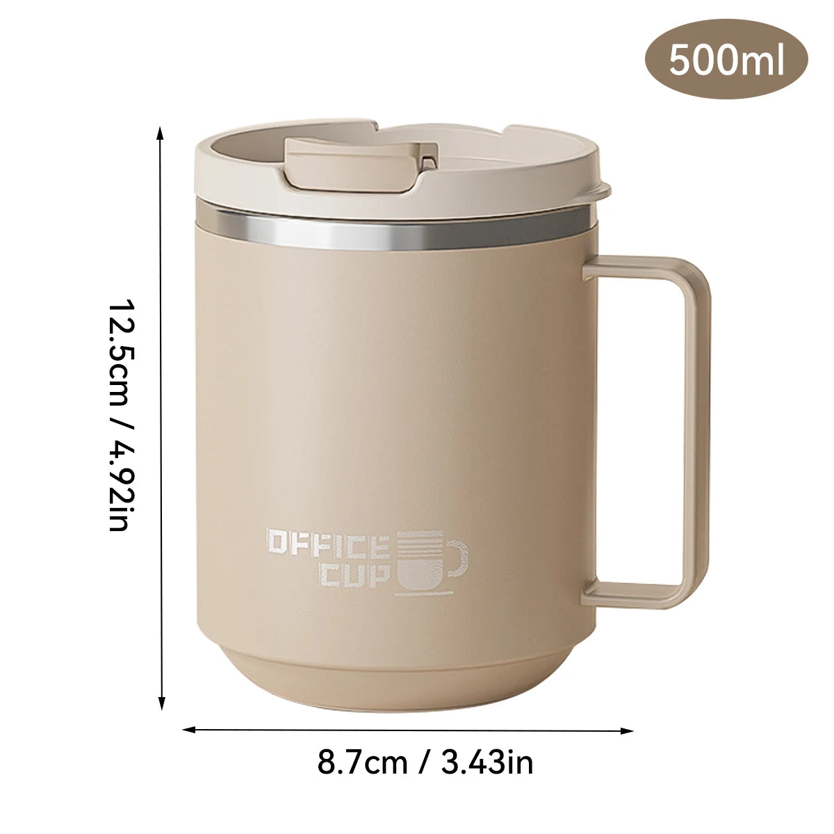 Beige insulated mug with handle and measurements on a white background