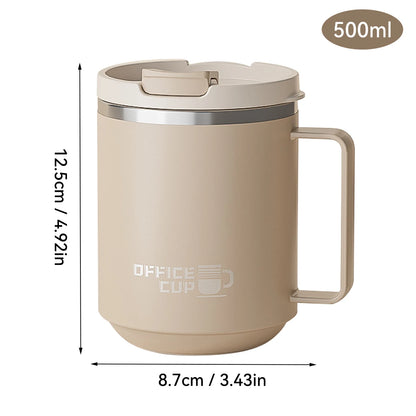 Beige insulated mug with handle and measurements on a white background