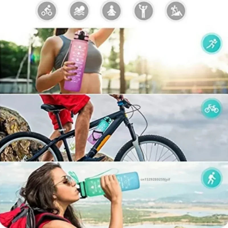 Collage of a person holding a pink water bottle, riding a bike with a blue water bottle, and drinking from a green water bottle by a lake.
