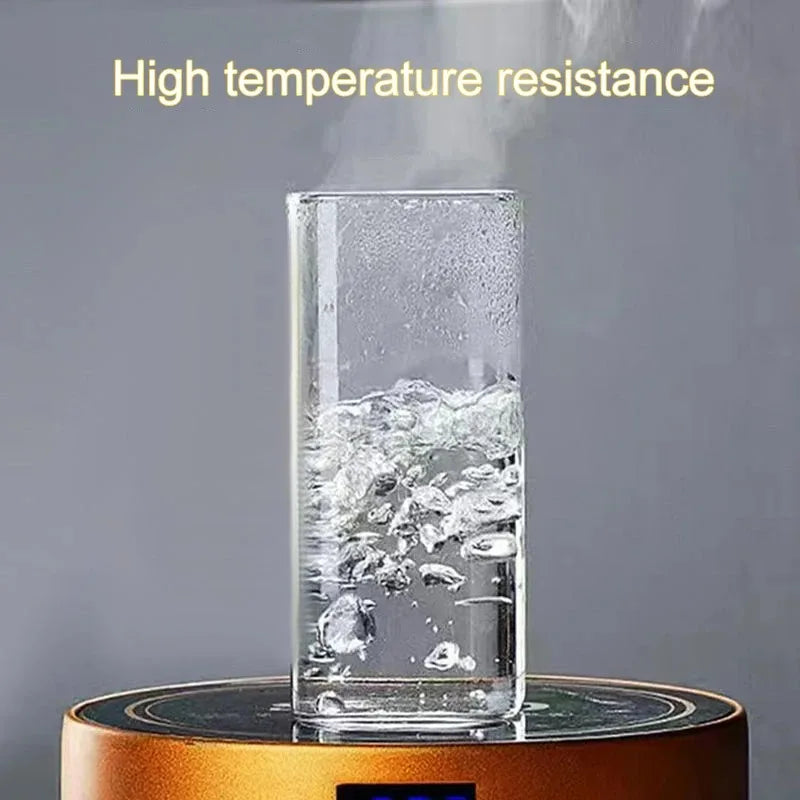 Glass container with water on a heating element, labeled 'High temperature resistance'.