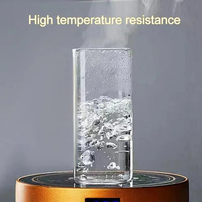 Glass container with water on a heating element, labeled 'High temperature resistance'.