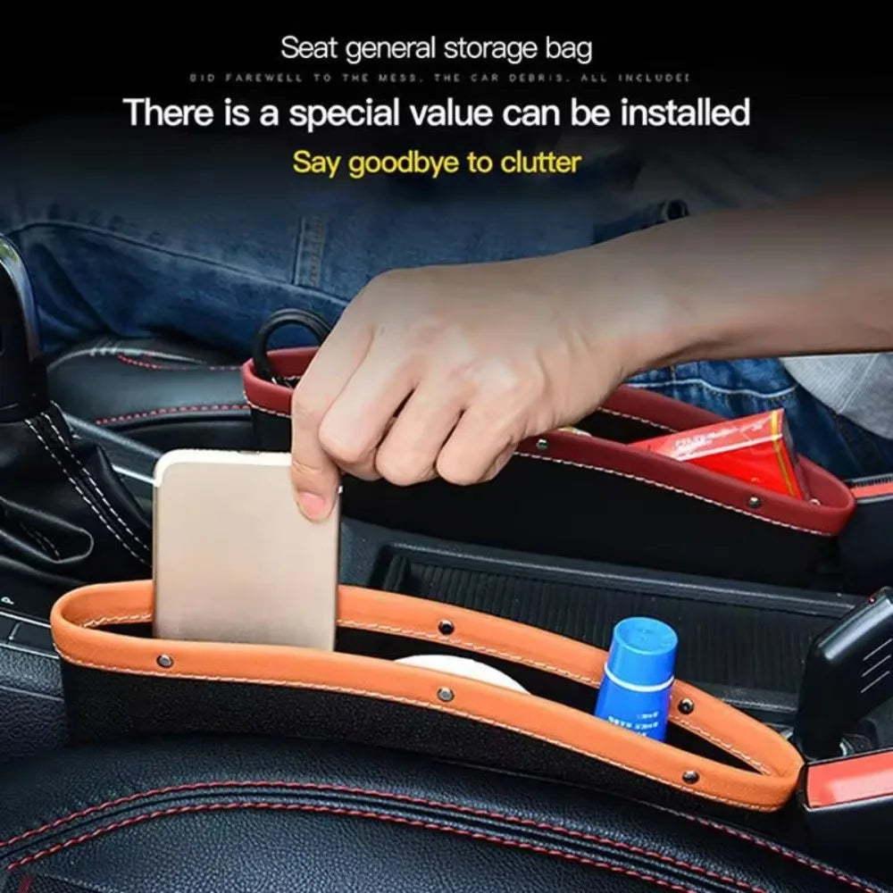Car seat storage bag with a hand placing items inside, text about special value and clutter removal.