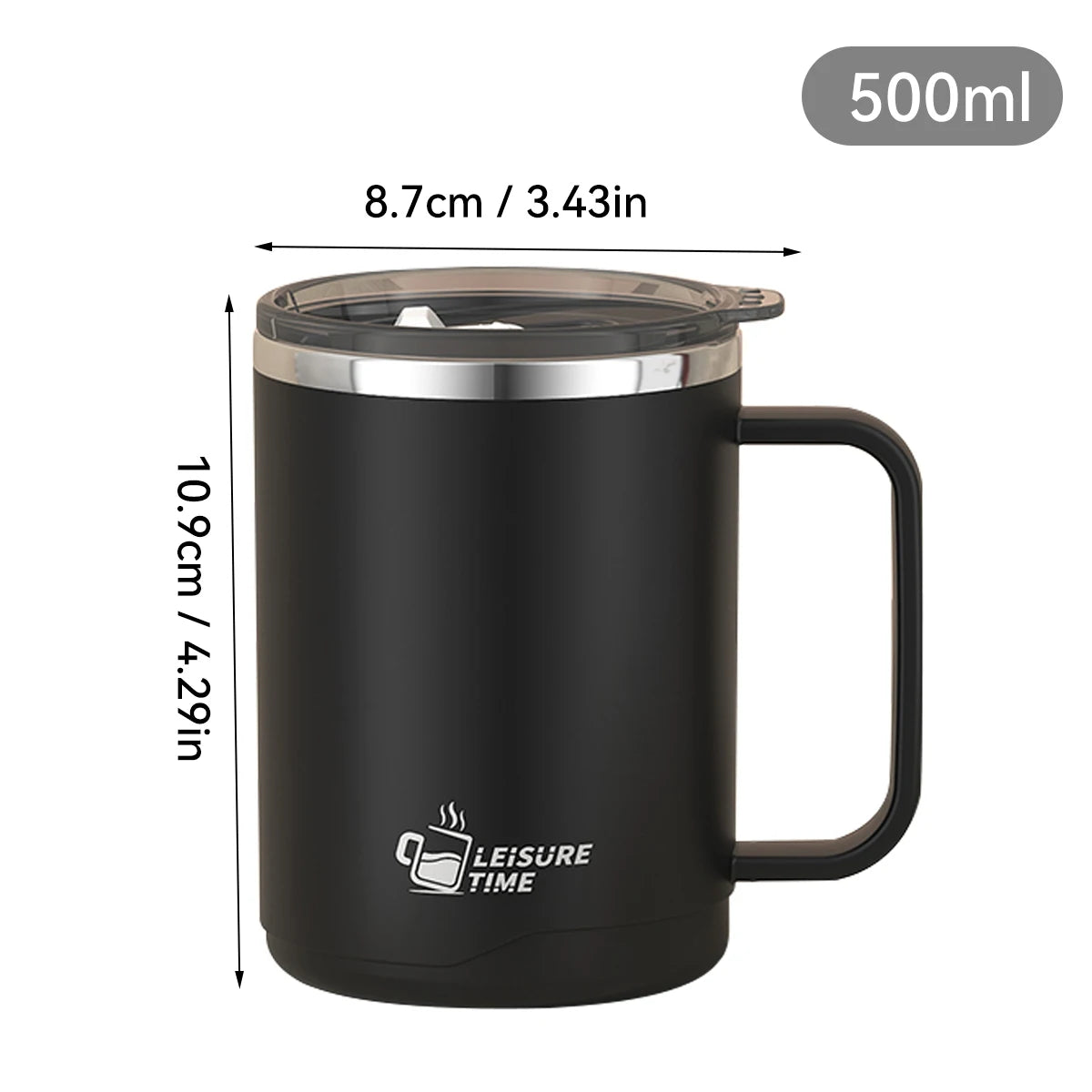Black insulated mug with measurements and 'Leisure Time' branding on a white background
