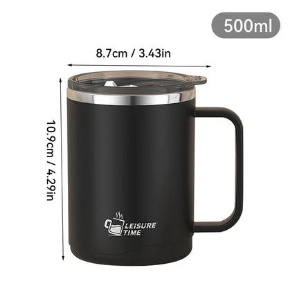 Black insulated mug with measurements and 'Leisure Time' branding on a white background