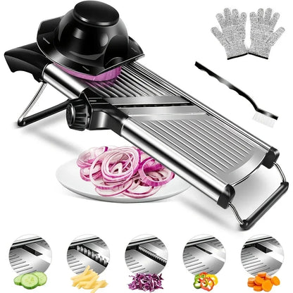 Vegetable slicer with onion slices on a white background