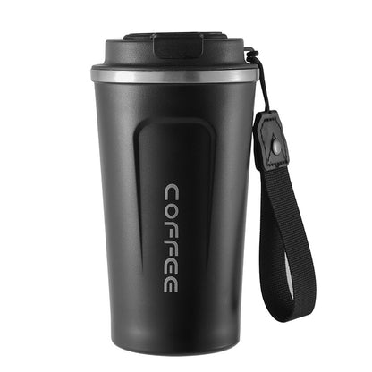 Black insulated coffee tumbler with 'COFFEE' text and a wrist strap on a white background